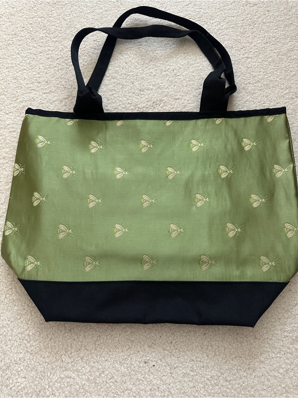Green Patterned Tote Bag with Black Trim Satin like